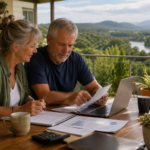 Pre-retirement Australian couple reviewing superannuation and retirement income documents while planning their transition to retirement.