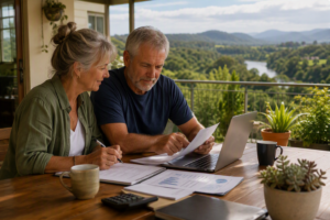 Pre-retirement Australian couple reviewing superannuation and retirement income documents while planning their transition to retirement.