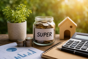 Superannuation frequently asked questions concept featuring retirement savings, investment charts, calculator and long-term financial planning tools