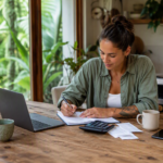Person reviewing household finances with a notebook, laptop and calculator in a relaxed Australian home setting