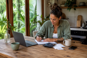 Person reviewing household finances with a notebook, laptop and calculator in a relaxed Australian home setting