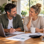 Couple reviewing household finances together at home with budgeting documents, calculator and savings jar