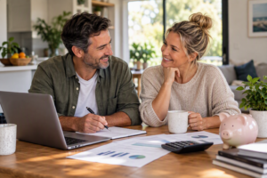 Couple reviewing household finances together at home with budgeting documents, calculator and savings jar