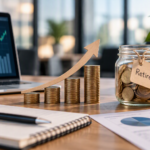 Retirement investment planning with stacked coins, an upward arrow, a savings jar and financial charts in a modern office.