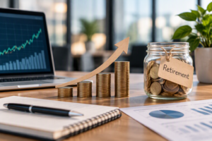 Retirement investment planning with stacked coins, an upward arrow, a savings jar and financial charts in a modern office.