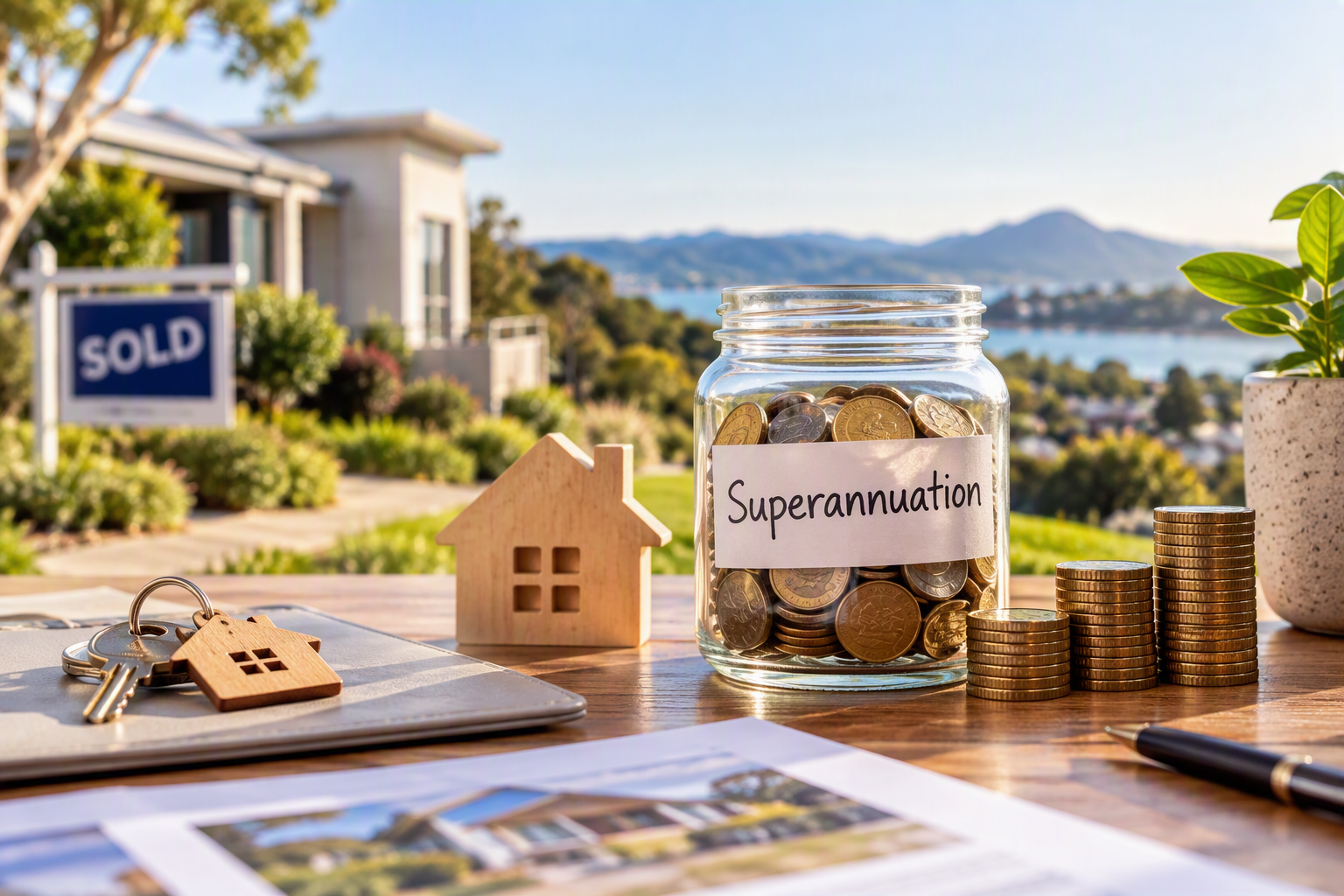 House model, keys and savings representing downsizer contributions to superannuation after selling a home.